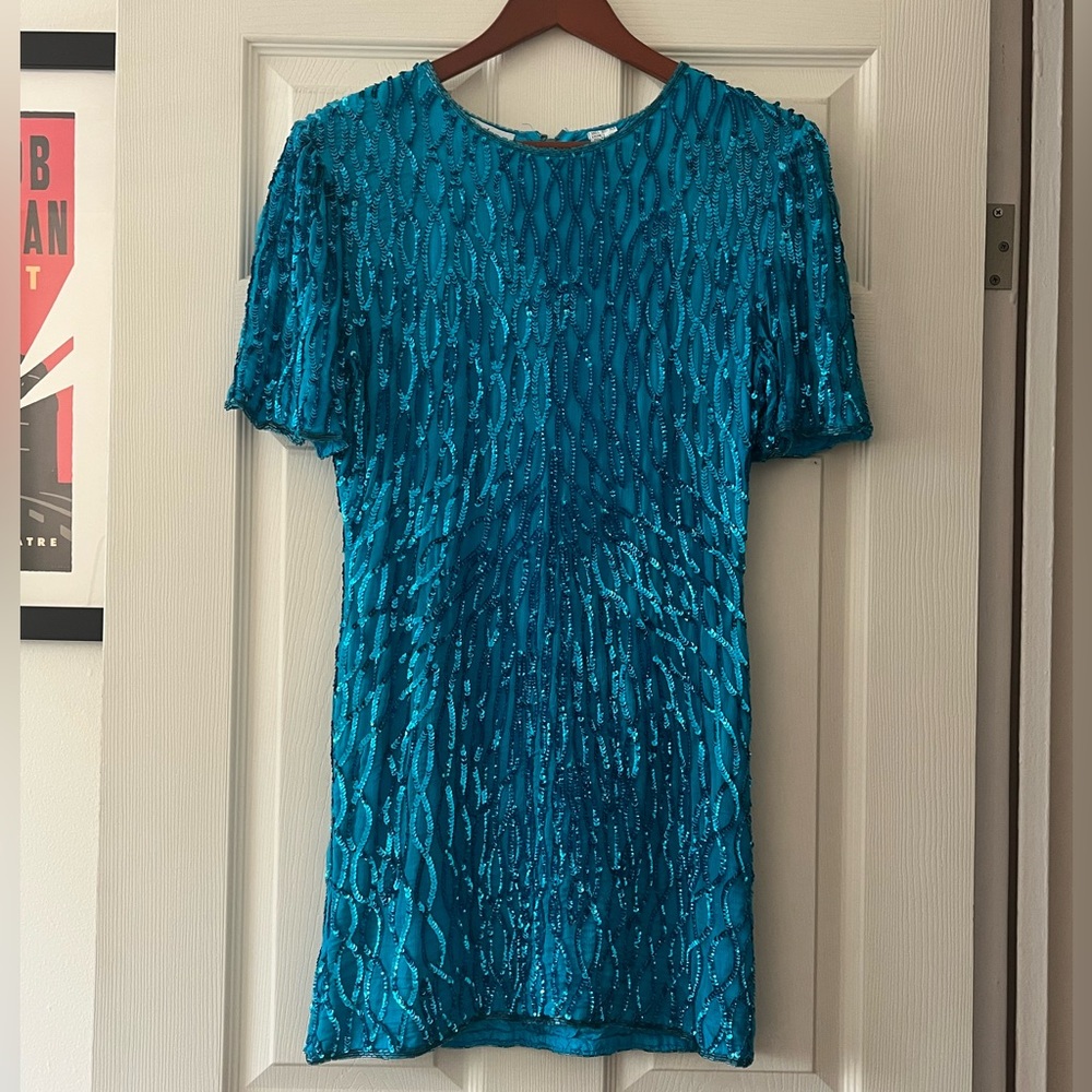 Silk Blue Embellished Cocktail Mini Dress By Laurence Kazar New York. Size PL
